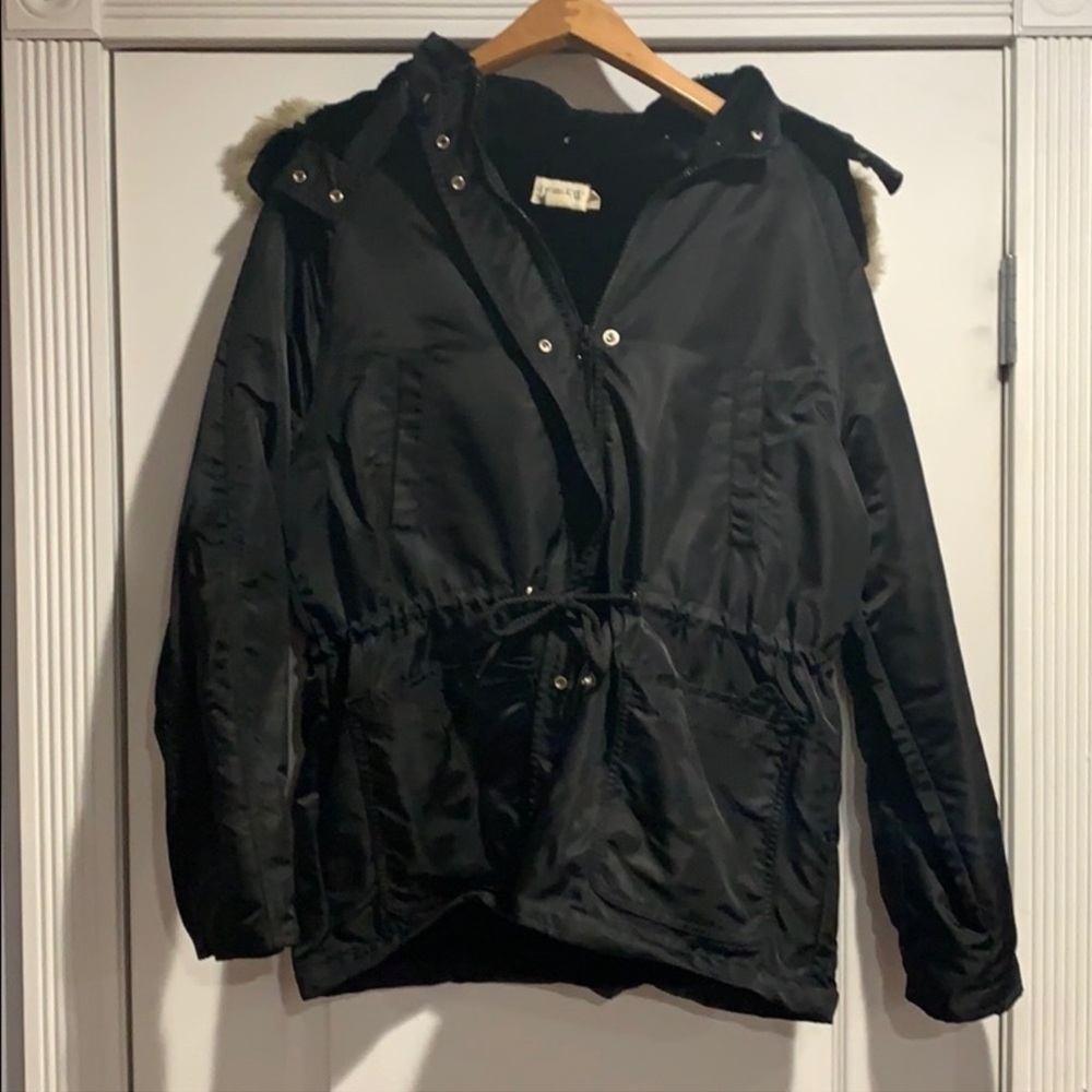 J.Crew Black Faux Fur Trim Hooded Drawstring Waist Parka Jacket